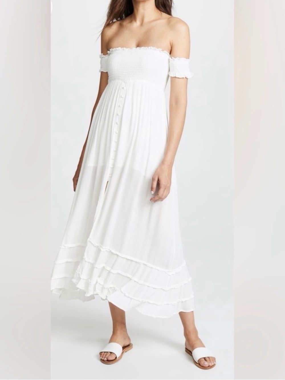 Pilyq White Off-Shoulder Maxi Dress with Ruffle Tiers